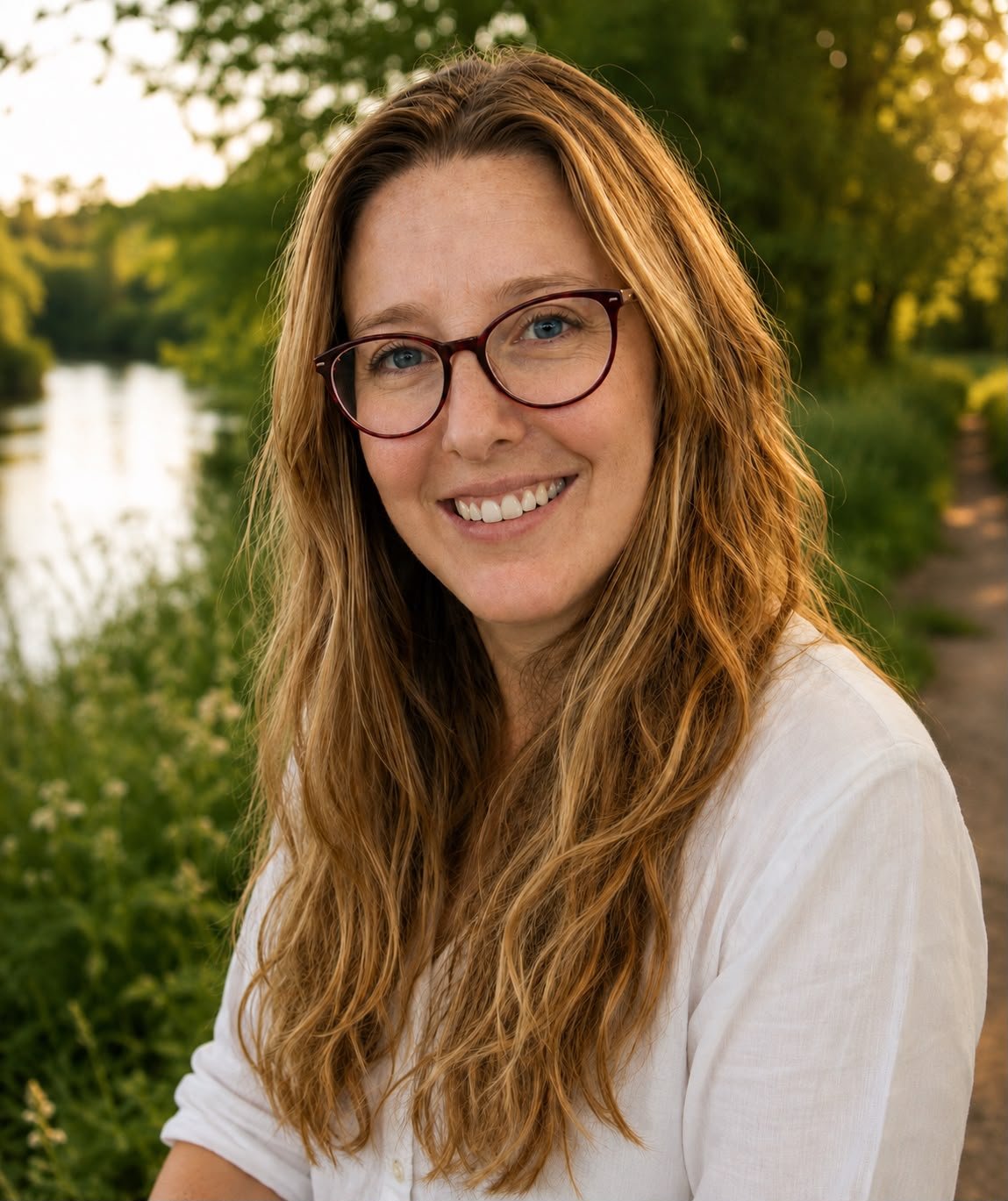 Theresa, founder of Sacred Flow Healing, outdoors by a riverside at golden hour